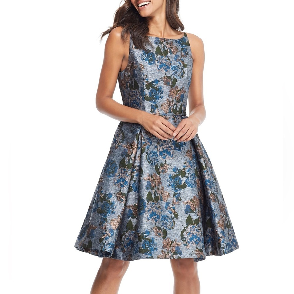 Gal Meets glam Darren blue floral jacquard sleeveless a line dress size 8 formal